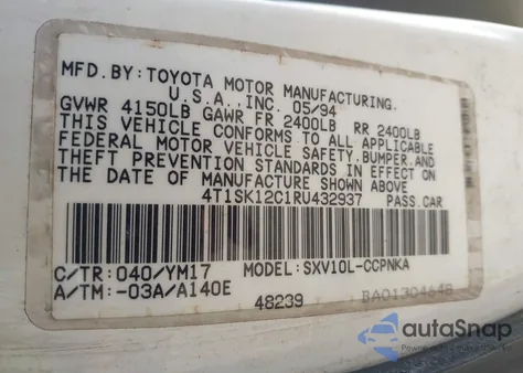 1994 Toyota Camry Le z USA, uszkodzony, nr VIN 4T1SK12C1RU432937